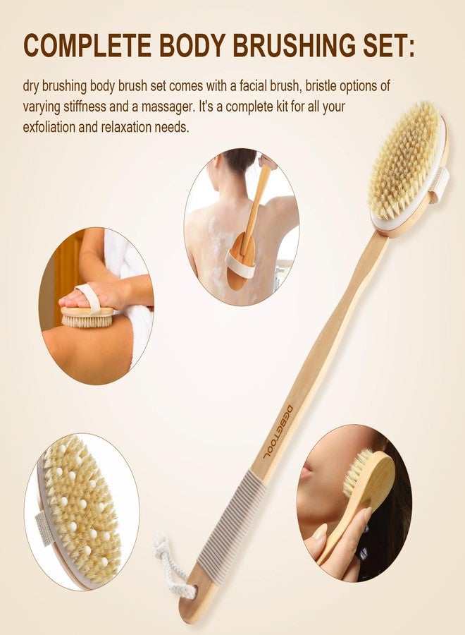DEBETOOL Dry Brushing Set - Natural Boar Bristle Body & Face Brush, Wooden Long Handle Scrub Brush for Cellulite & Lymphatic Drainage Body Care, Detachable, 3 Brush Heads - Image 2